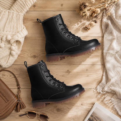 Black Vegan Leather Combat Boots, Lace-Up Platform Ankle Booties