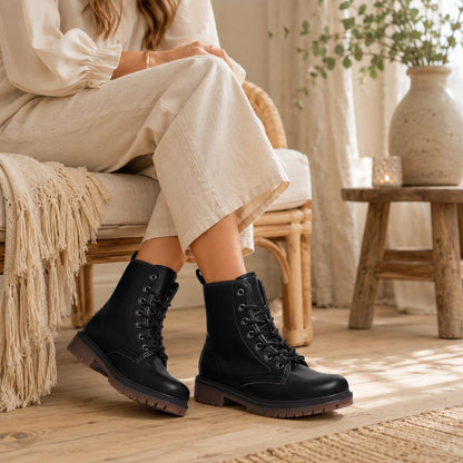 Black Vegan Leather Combat Boots, Lace-Up Platform Ankle Booties