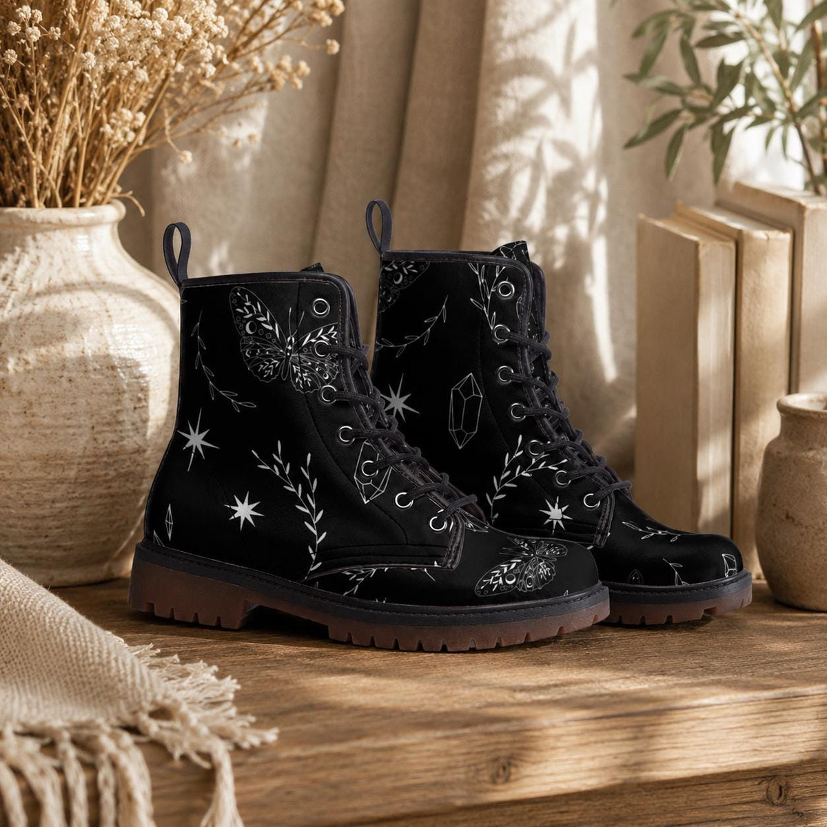 Black Celestial Print Combat Boots