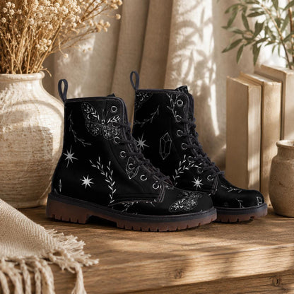 Black Celestial Print Combat Boots