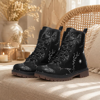 Black Celestial Print Combat Boots