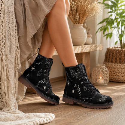 Black Celestial Print Combat Boots