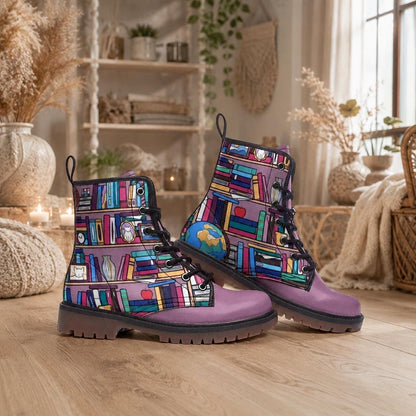 Whimsical Book Pattern Combat Boots