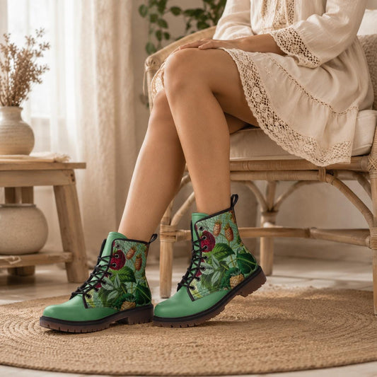 Cottagecore Combat Boots, Botanical Lace Up Boots for Women, Berry Print Ankle Boots