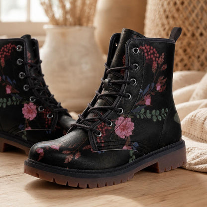 Dark Floral Combat Boots, Gothic Lace-Up Punk Ankle Footwear