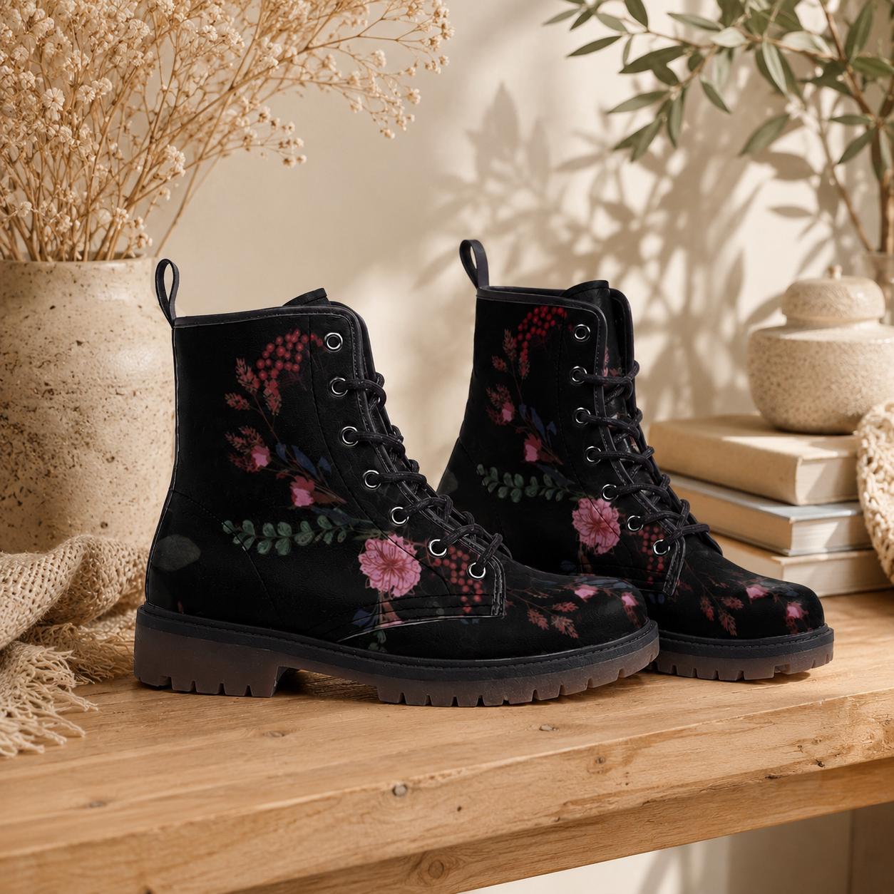 Dark Floral Combat Boots, Gothic Lace-Up Punk Ankle Footwear