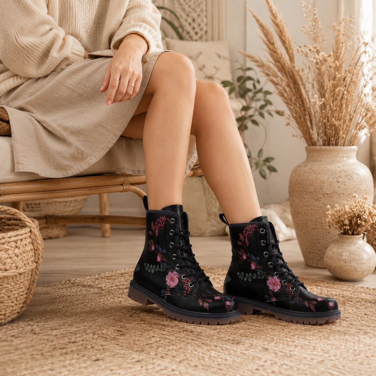 Dark Floral Combat Boots, Gothic Lace-Up Punk Ankle Footwear