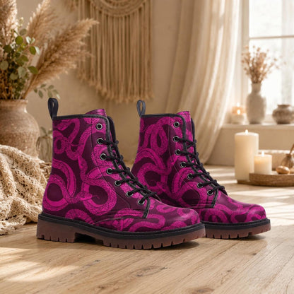 Magenta Snake Combat Boots, Witchy Punk Lace Up Shoes, Grunge Festival Footwear