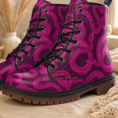 Magenta Snake Combat Boots, Witchy Punk Lace Up Shoes, Grunge Festival Footwear