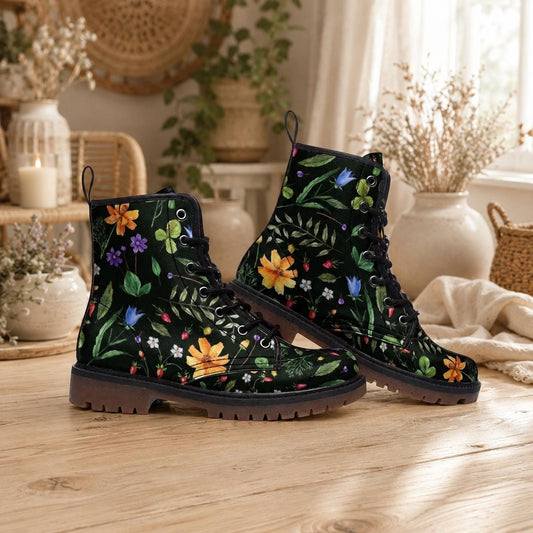 Floral Combat Boots, Green Lace Up Boots, Wildflower Ankle Boots, Chunky Sole Booties