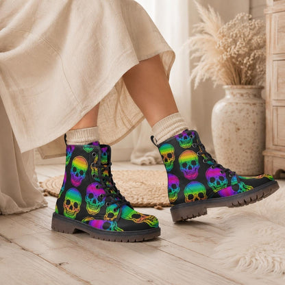 Rainbow Skull Combat Boots, Neon Punk Festival Shoes, Alternative Streetwear Footwear