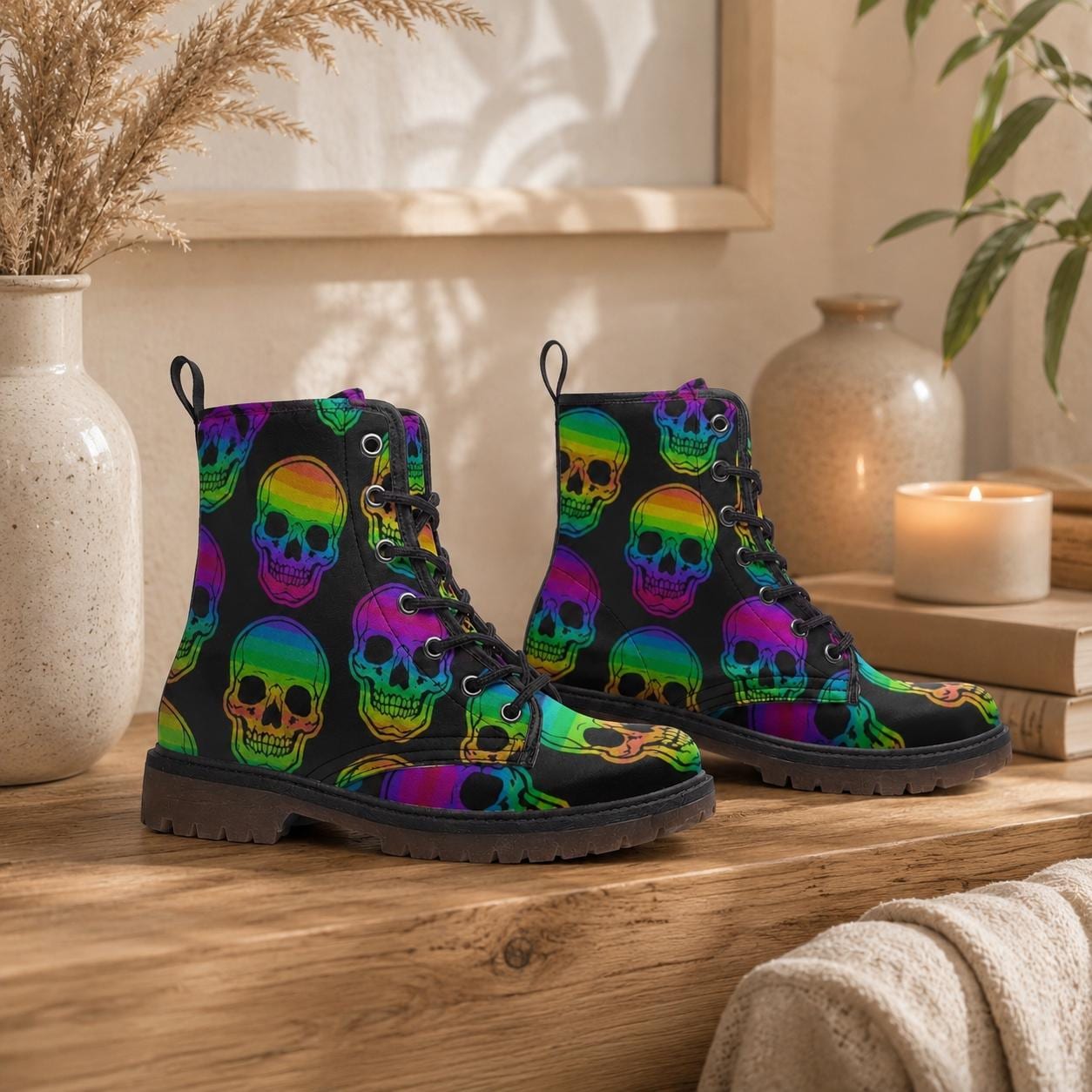 Rainbow Skull Combat Boots, Neon Punk Festival Shoes, Alternative Streetwear Footwear