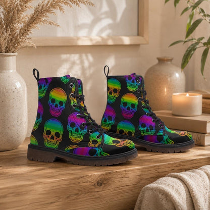 Rainbow Skull Combat Boots, Neon Punk Festival Shoes, Alternative Streetwear Footwear