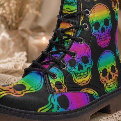 Rainbow Skull Combat Boots, Neon Punk Festival Shoes, Alternative Streetwear Footwear