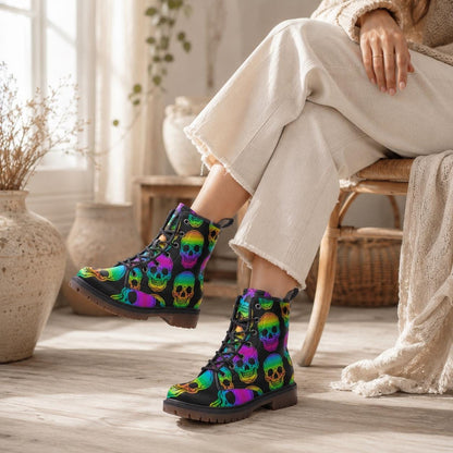 Rainbow Skull Combat Boots, Neon Punk Festival Shoes, Alternative Streetwear Footwear
