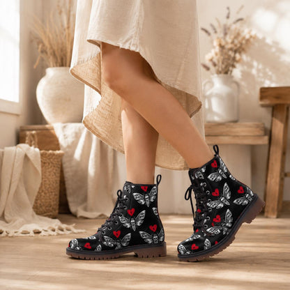 Gothic Moth Combat Boots, Vegan Leather Lace-Up, Edgy Unisex Biker Style, Festival, Dark Fashion