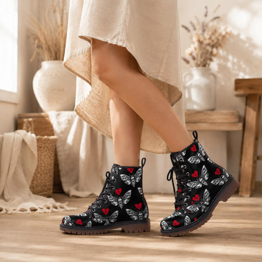 Gothic Moth Combat Boots, Vegan Leather Lace-Up, Edgy Unisex Biker Style, Festival, Dark Fashion