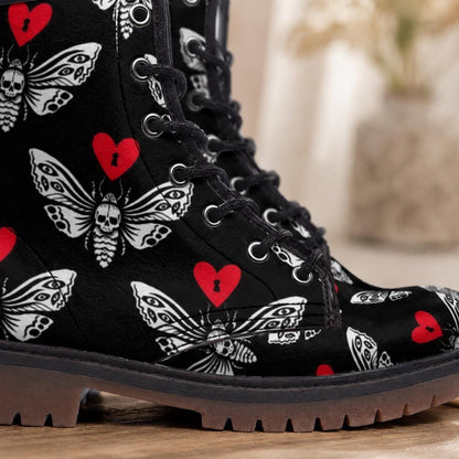 Gothic Moth Combat Boots, Vegan Leather Lace-Up, Edgy Unisex Biker Style, Festival, Dark Fashion