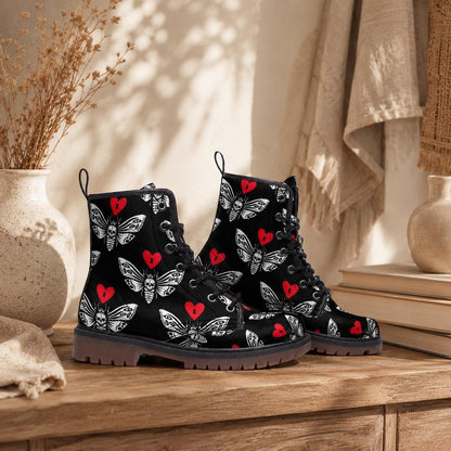 Gothic Moth Combat Boots, Vegan Leather Lace-Up, Edgy Unisex Biker Style, Festival, Dark Fashion