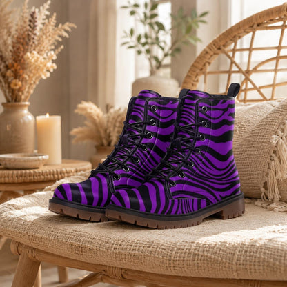Purple Zebra Combat Boots, Bold Lace Up Platform Boots with Graphic Animal Print