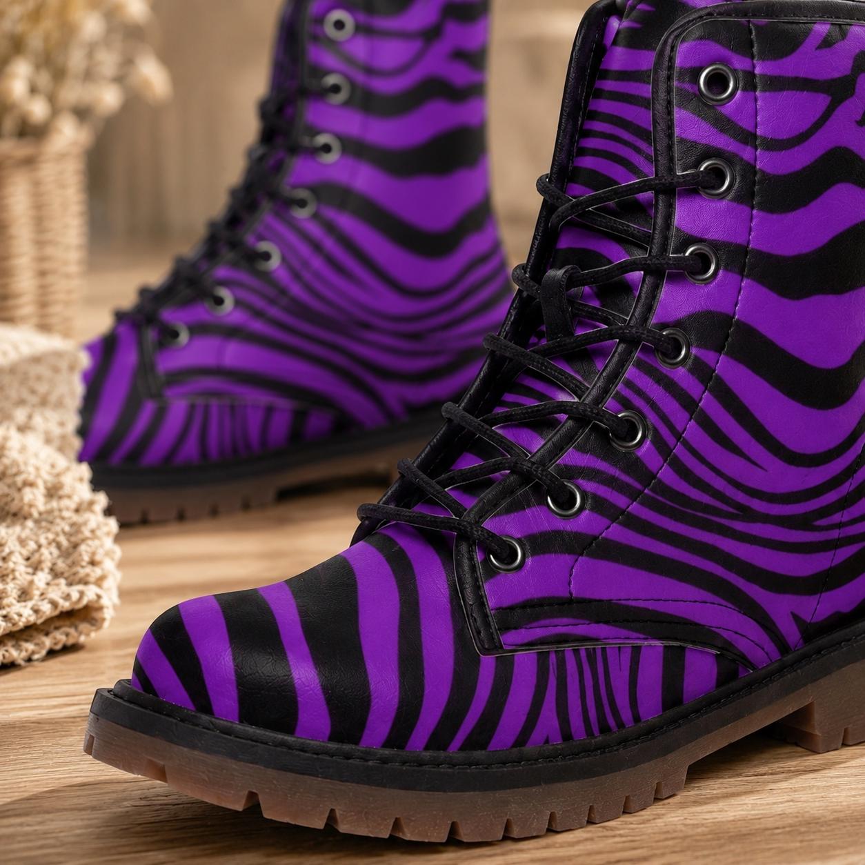 Purple Zebra Combat Boots, Bold Lace Up Platform Boots with Graphic Animal Print