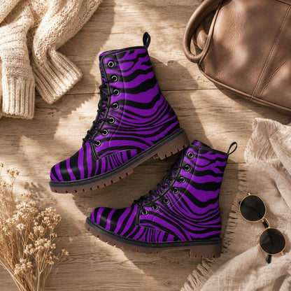 Purple Zebra Combat Boots, Bold Lace Up Platform Boots with Graphic Animal Print