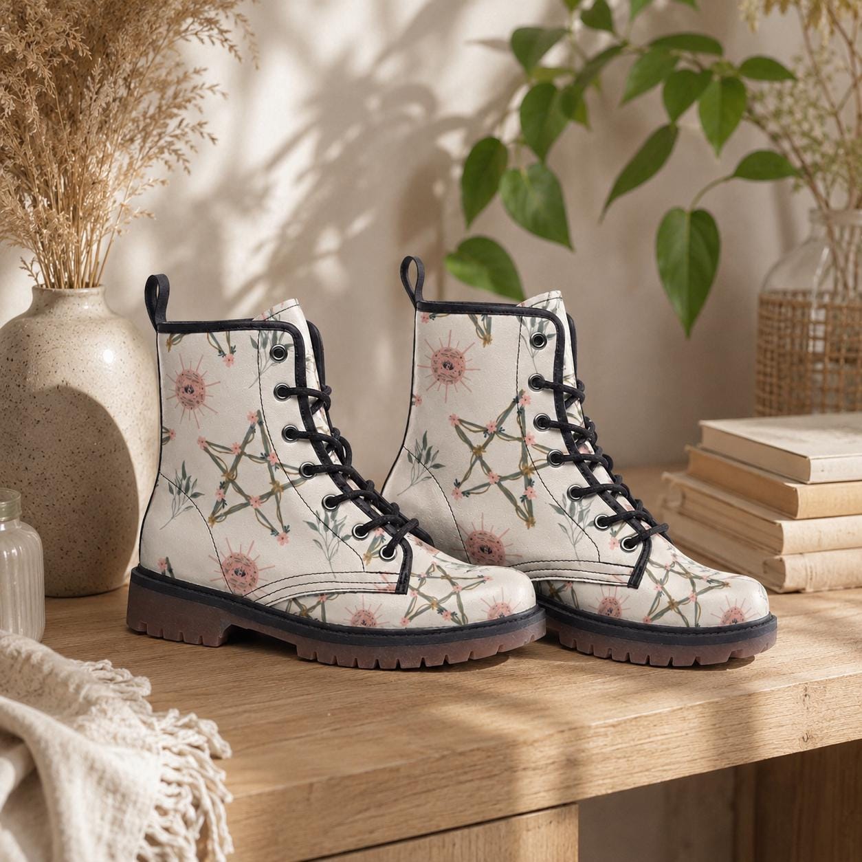 Witchcore Combat Boots, Astrology Lace Up Boots, White Constellation Grunge Shoes