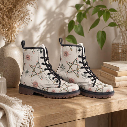 Witchcore Combat Boots, Astrology Lace Up Boots, White Constellation Grunge Shoes