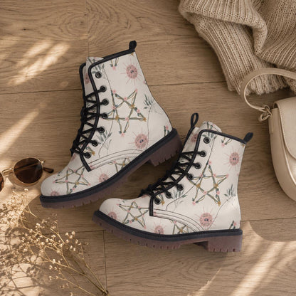 Witchcore Combat Boots, Astrology Lace Up Boots, White Constellation Grunge Shoes