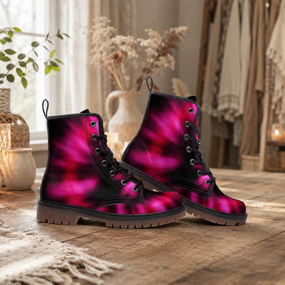 Pink Combat Boots, Fuchsia Ombre Ankle Boots, Punk Style Statement Shoes