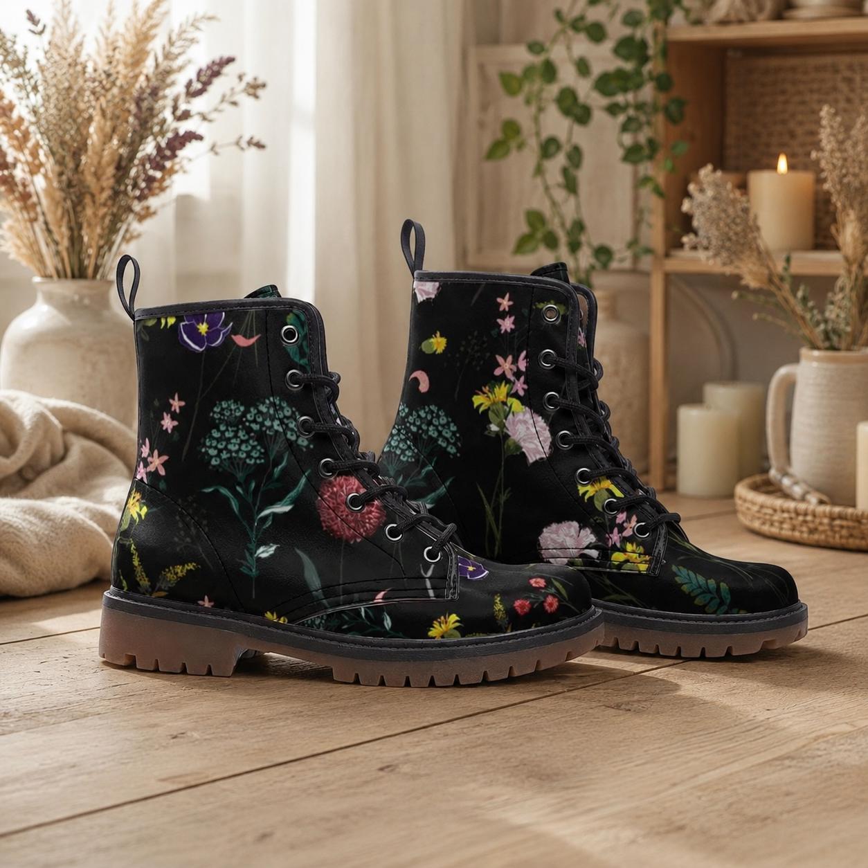 Dark Floral Boots, Botanical Lace Up Booties, Cottage Goth Wildflower Shoes