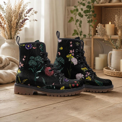 Dark Floral Boots, Botanical Lace Up Booties, Cottage Goth Wildflower Shoes