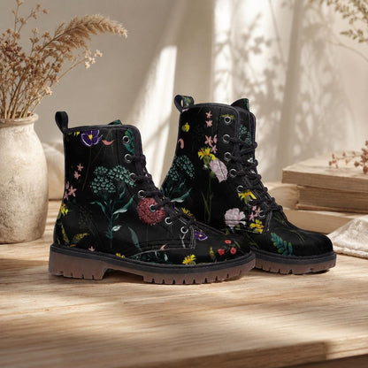 Dark Floral Boots, Botanical Lace Up Booties, Cottage Goth Wildflower Shoes