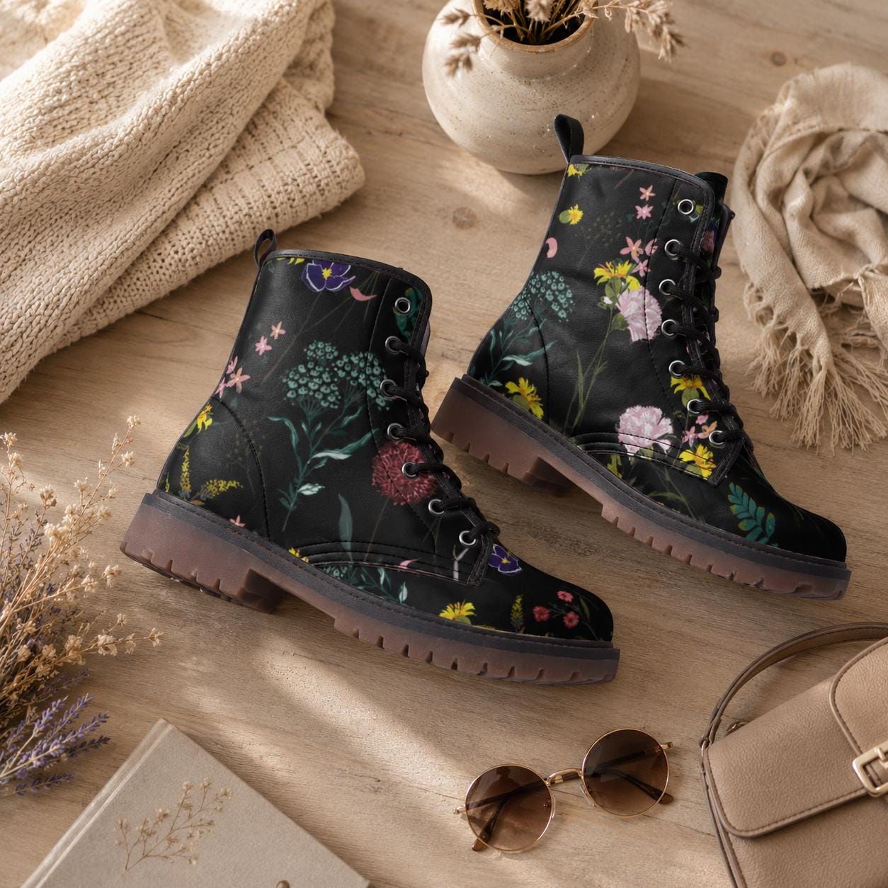 Dark Floral Boots, Botanical Lace Up Booties, Cottage Goth Wildflower Shoes