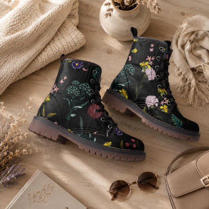 Dark Floral Boots, Botanical Lace Up Booties, Cottage Goth Wildflower Shoes