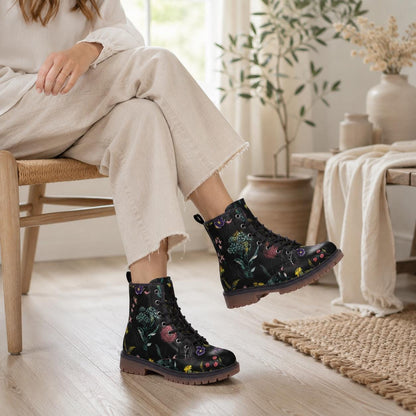 Dark Floral Boots, Botanical Lace Up Booties, Cottage Goth Wildflower Shoes