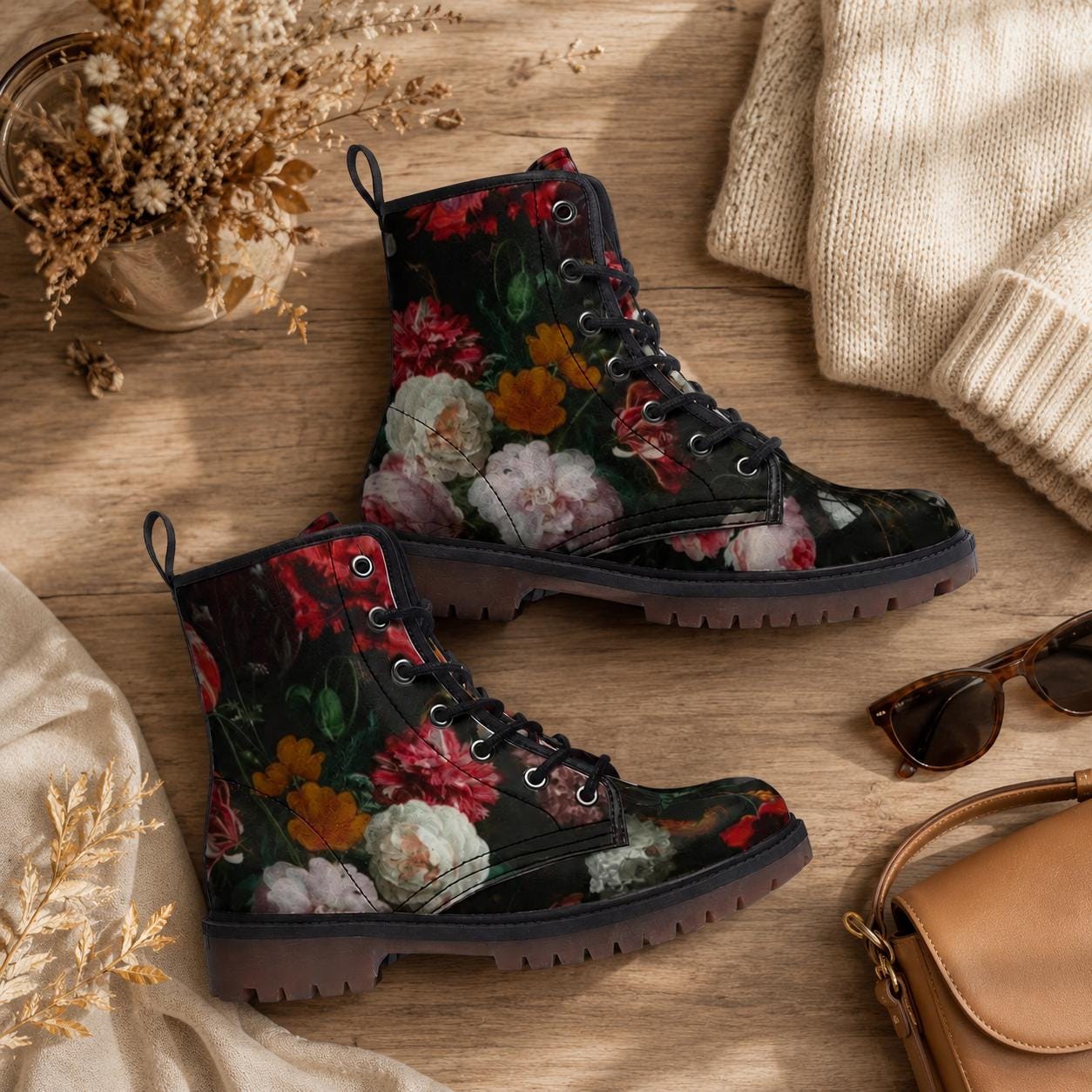 Dark floral combat boots, lace-up ankle shoes, vintage painterly flower footwear