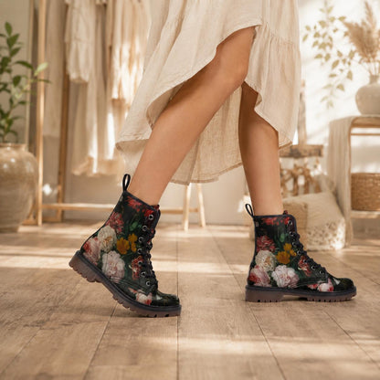 Dark floral combat boots, lace-up ankle shoes, vintage painterly flower footwear