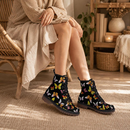 Butterfly Combat Boots, Vegan Leather Ankle Shoes, Colorful Nature-Inspired Chunky Boots, Unisex Lace-Up Footwear
