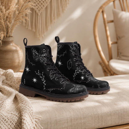 Black Vegan Leather Combat Boots, Insect Moth Print Lace Up Ankle Shoes