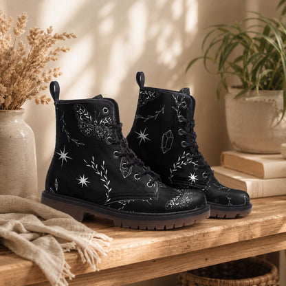 Black Vegan Leather Combat Boots, Insect Moth Print Lace Up Ankle Shoes