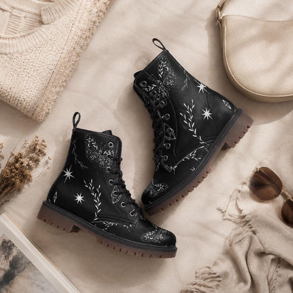 Black Vegan Leather Combat Boots, Insect Moth Print Lace Up Ankle Shoes