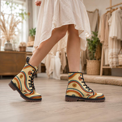 Retro Daisy Combat Boots, Vegan Leather, Rainbow Lace-Up Shoes