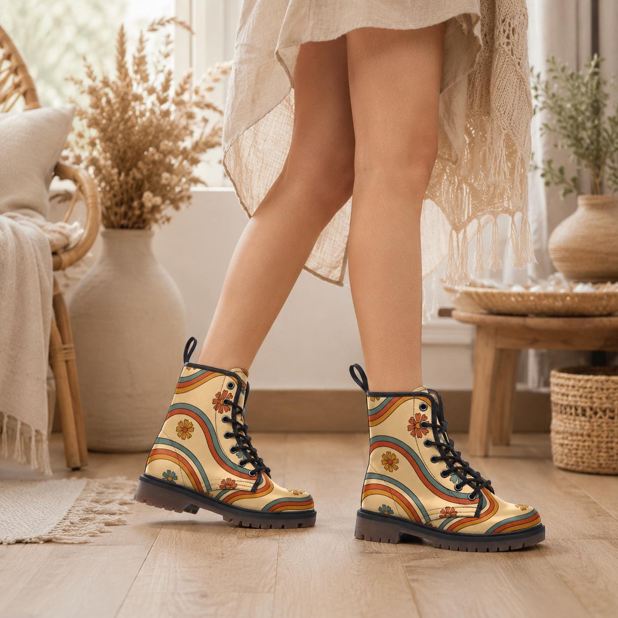 Retro Daisy Combat Boots, Vegan Leather, Rainbow Lace-Up Shoes, 70s Flower Platform Boots