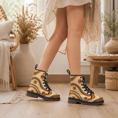 Retro Daisy Combat Boots, Vegan Leather, Rainbow Lace-Up Shoes