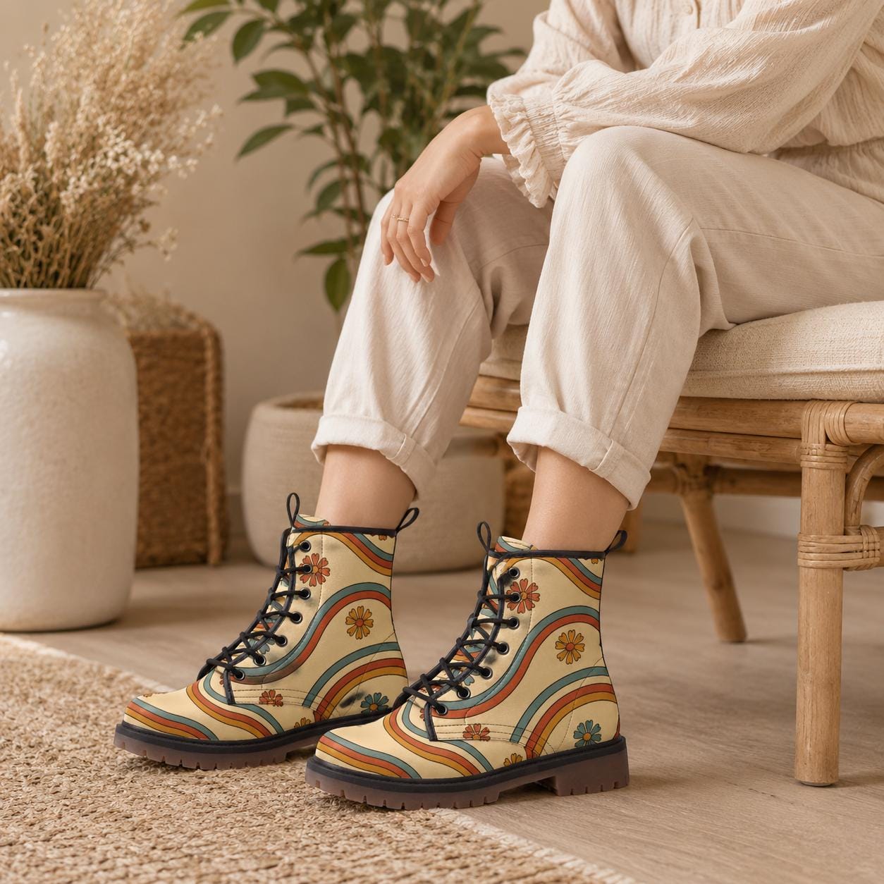 Retro Daisy Combat Boots, Vegan Leather, Rainbow Lace-Up Shoes