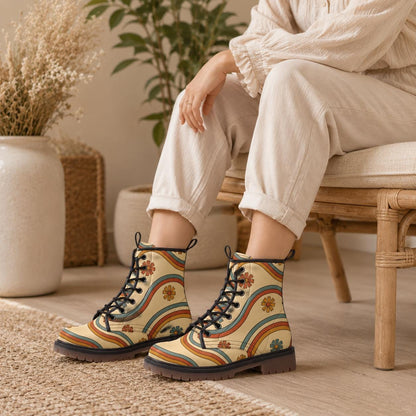 Retro Daisy Combat Boots, Vegan Leather, Rainbow Lace-Up Shoes