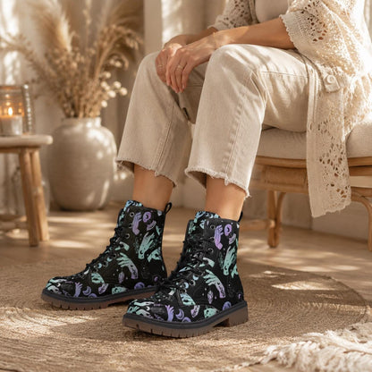 Witchy Combat Boots Celestial Moon Crystal Print Pastel Goth Lace Up Shoes