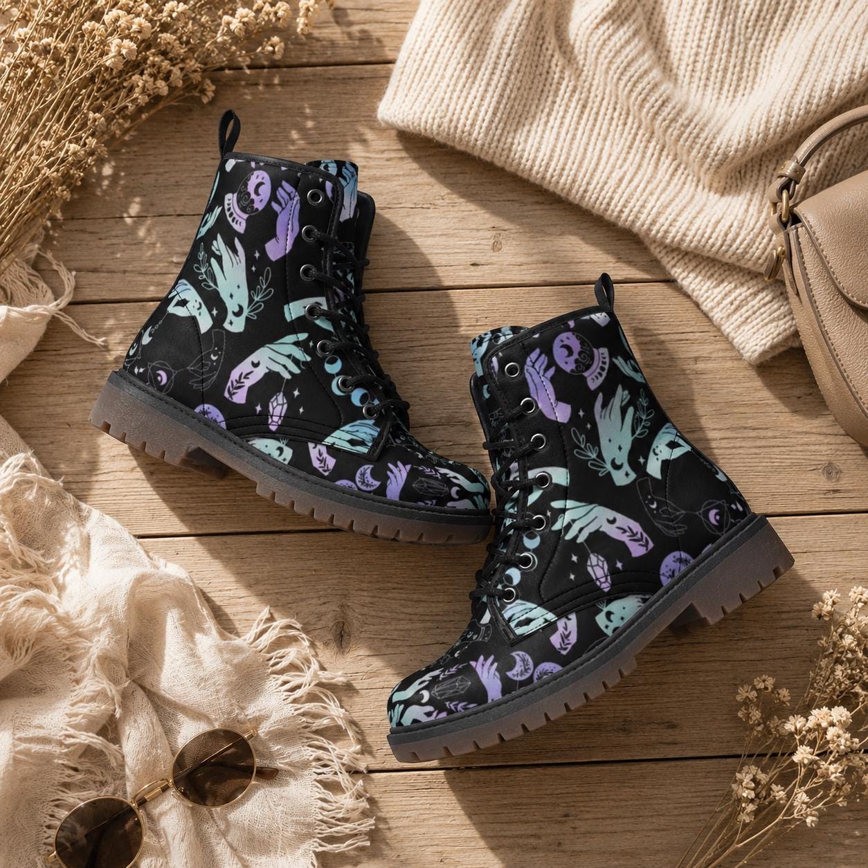 Witchy Combat Boots Celestial Moon Crystal Print Pastel Goth Lace Up Shoes
