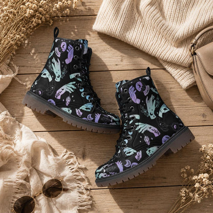 Witchy Combat Boots Celestial Moon Crystal Print Pastel Goth Lace Up Shoes